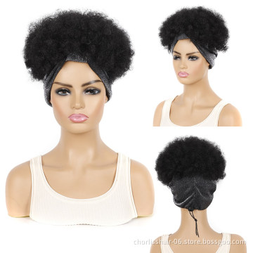 Wholesale Ombre Short Kinky Curly Fluffy Turban Wrap Wigs Heat Resistant Afro Synthetic Headband Wigs For Black Women